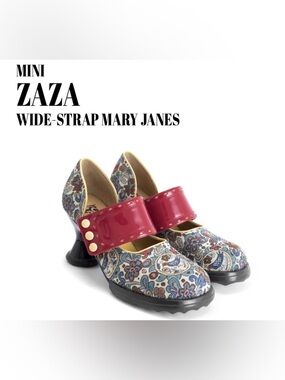 Fluevog LIKE NEW Mini Zaza tapestry heels w/ wide red patent strap- 7 (fits 7.5)
